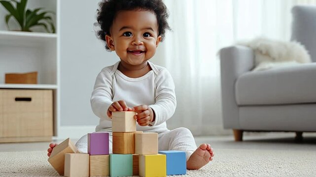 A joyful black baby engages in playful activity by stacking colorful blocks in a cozy living room, showcasing creativity and focus
