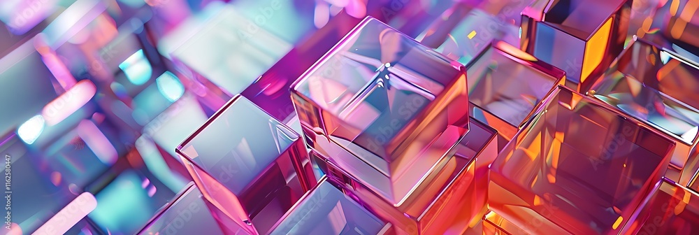 Poster close-up view of translucent, colorful blocks stacked in an abstract geometric pattern, reflecting l