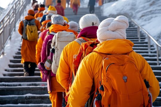 A group of pilgrims climbing the steps of Vaishno Devi temple, carrying offerings and chanting prayers