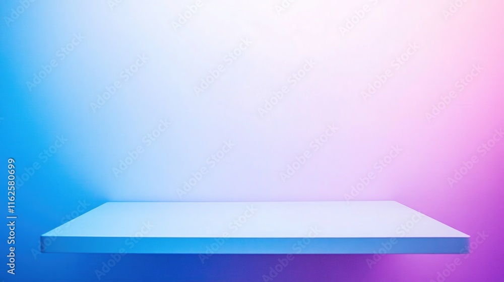 Poster minimalistic display shelf against a colorful gradient background in soft lighting