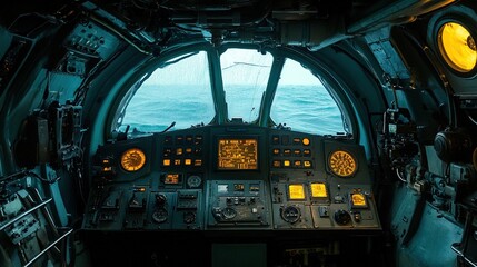 Obraz premium Inside a vintage military aircraft cockpit with a view of the sea. Dark, complex control panel with many gauges and screens. Foggy or rainy day view.