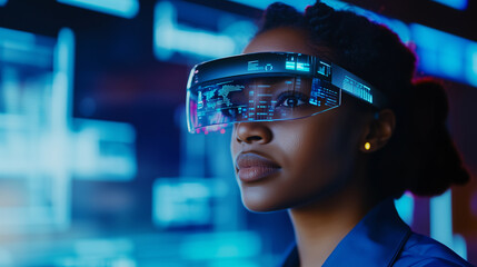 An African American female IT professional in a high-tech office, using augmented reality glasses to analyze cybersecurity threats, surrounded by holographic data visualizations an