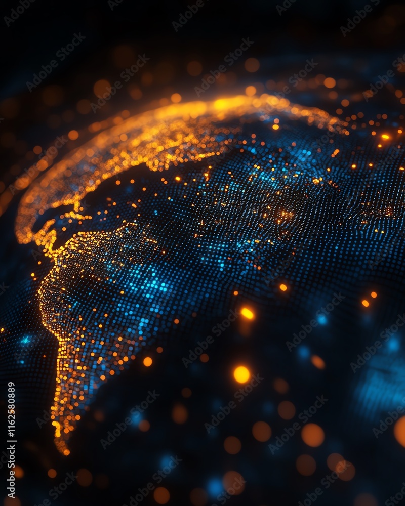 Poster a hightech 3d design of a glowing digital world map contour, highlighting big data and internet tech
