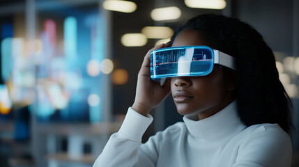 An African American female IT professional in a high-tech office, using augmented reality glasses to analyze cybersecurity threats, surrounded by holographic data visualizations an