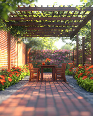 Serene garden patio scene with wooden pergola, brick pathway, blooming flowers, and a table set for two. Perfect for relaxation and tranquility.