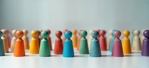 Colorful wooden figures represent diversity, inclusion in workplace setting. Conceptual image shows varied people standing together. Image illustrates diversity concept, tolerance. Potential