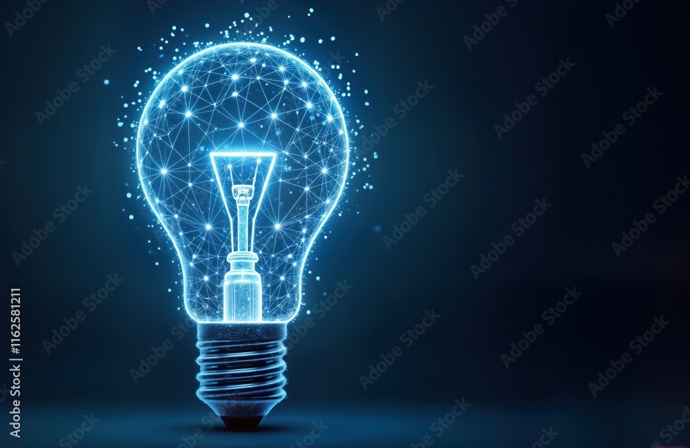 Aufkleber digital wireframe lightbulb glows on dark blue background. abstract, conceptual tech innovation. fut