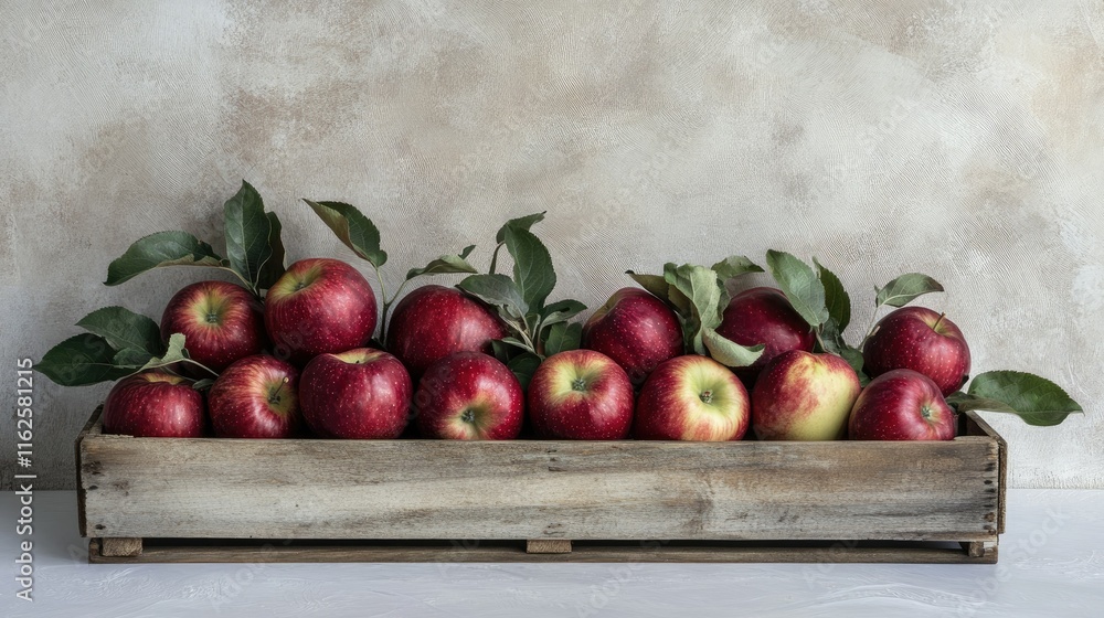 Poster harvested red apples displayed in a wooden crate on a pure white setting