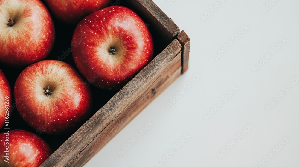 Poster harvested red apples displayed in a wooden crate on a pure white setting
