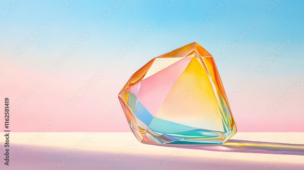 Poster colorful geometric crystal on soft gradient background in serene light setting