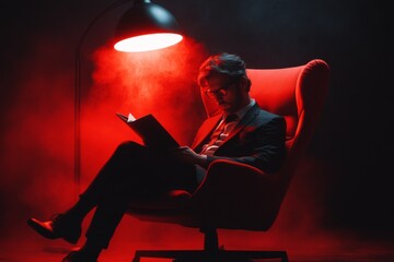 A high-stakes interview scene with a candidate seated under a spotlight in a dim room, representing intensity and focus
