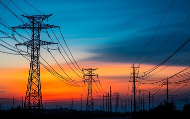 Fototapeta premium Silhouetted high-voltage power lines at sunset. (1)