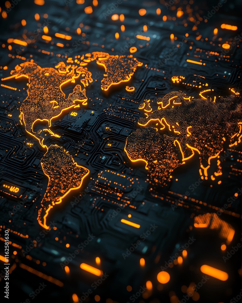 Poster a modern 3d rendering of a digital world map with glowing contours, representing big data and intern