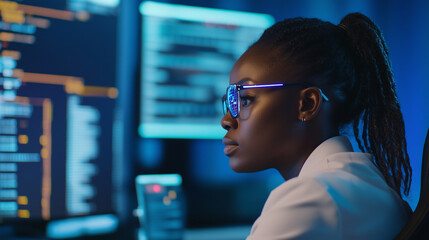 A Black female IT specialist, shown in profile, working on a challenging data analysis task with AR visuals highlighting cybersecurity risks and protective measures in a futuristic