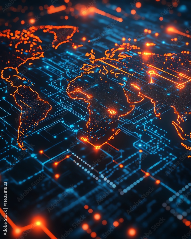 Poster a modern 3d rendering of a world map with luminous lights and digital connections, illustrating glob