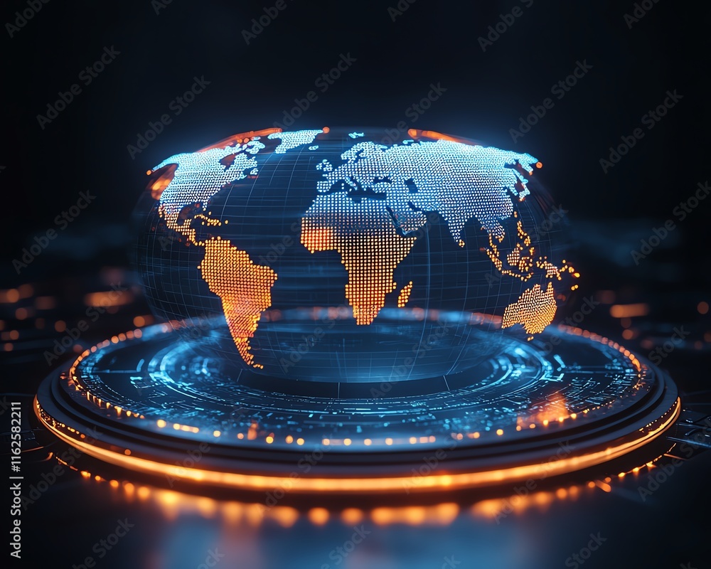 Poster a sleek 3d mockup of a glowing world map contour, representing the power of big data and internet te