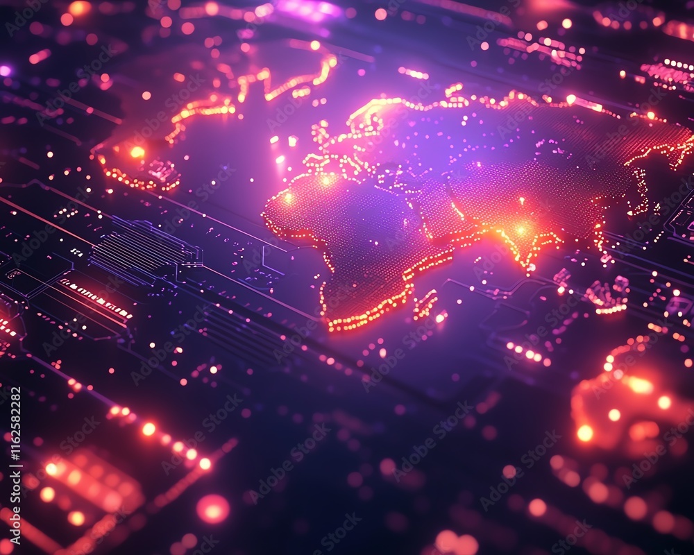Poster a sleek 3d mockup of a glowing world map contour, representing the power of big data and internet te