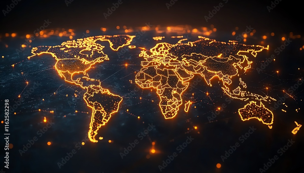 Poster a sleek 3d mockup of a world map with glowing lights, illustrating global connections and network sy