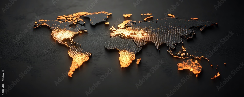 Poster a sleek 3d mockup of a world map with glowing lights, illustrating global connections and network sy