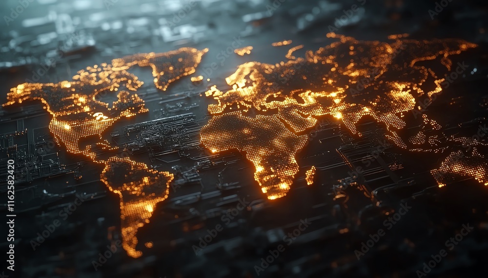 Poster a sleek 3d mockup of a world map with glowing lights, illustrating global connections and network sy