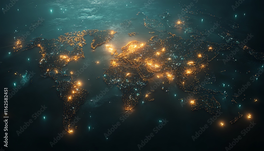 Poster a sleek 3d mockup of a world map with glowing lights, illustrating global connections and network sy