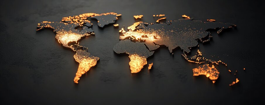 Fototapeta A sleek 3D mockup of a world map with glowing lights, illustrating global connections and network systems on a dark technological backdrop