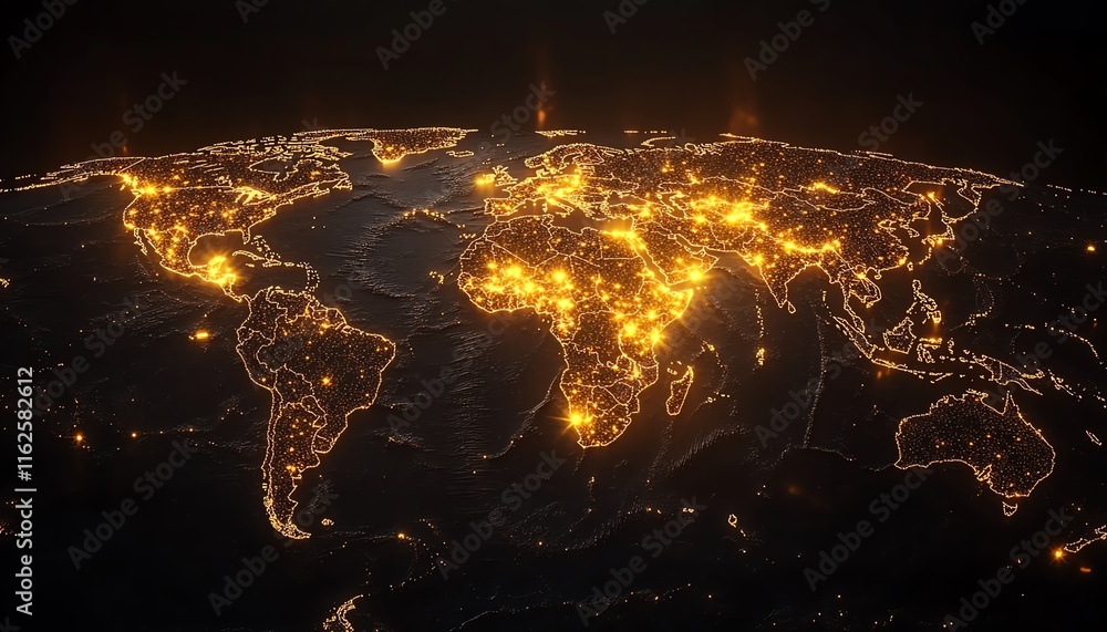 Poster a sleek 3d mockup of a world map with glowing lights, illustrating global connections and network sy