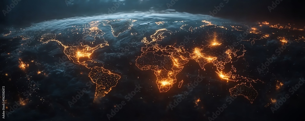 Poster a sleek 3d mockup of a world map with glowing lights, illustrating global connections and network sy
