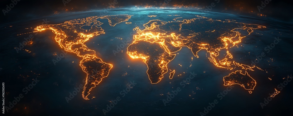Poster a sleek 3d mockup of a world map with glowing lights, illustrating global connections and network sy
