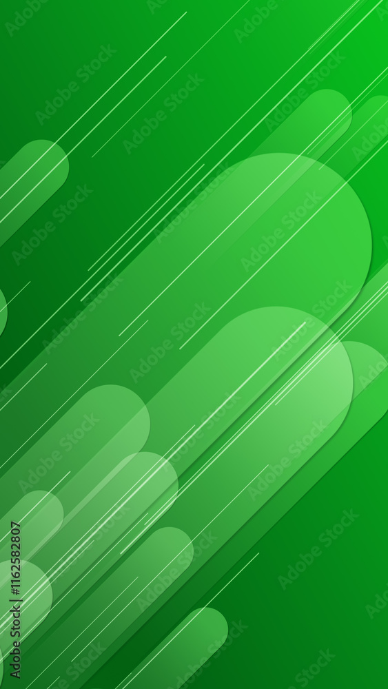 Poster green lines and shapes are moving from the bottom left of a gradient abstract background, vertical c