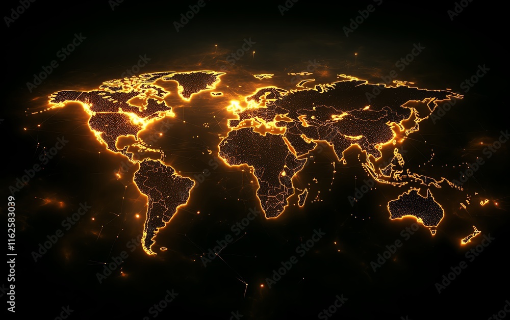 Poster a striking 3d design of a digital world map with radiant lights, highlighting global connection and 