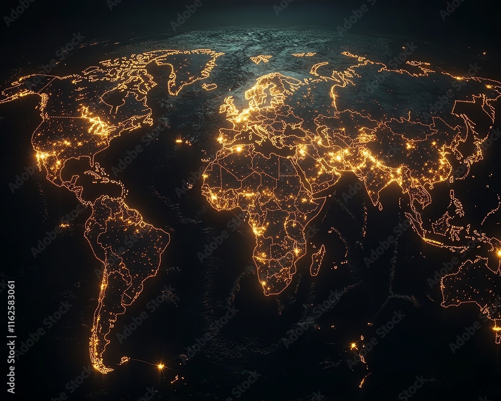 Poster a striking 3d design of a digital world map with radiant lights, highlighting global connection and 