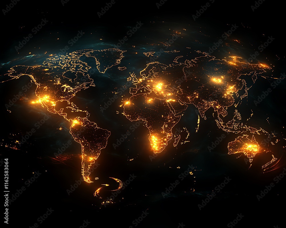 Poster a striking 3d design of a digital world map with radiant lights, highlighting global connection and 