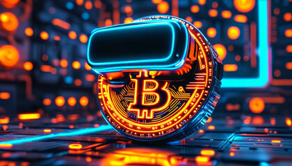 Digital Bitcoin, virtual reality-style, bitcoin vr, heads-up display (HUD), circular graphs, data points, futuristic interface in shades of neon blue and orange, metaverse, digital wealth, crypto