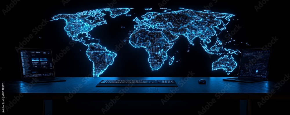 Poster a striking 3d rendering of a digital world map outline glowing with energy, showcasing big data and 