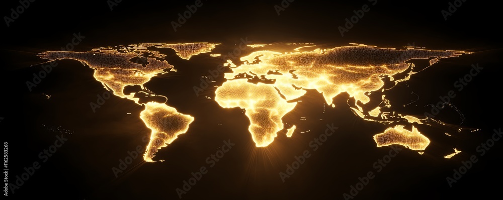 Poster a striking 3d rendering of a digital world map outline glowing with energy, showcasing big data and 