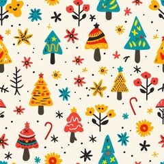 Charming christmas pattern featuring holiday icons in cute memphis boho style for festive cheer