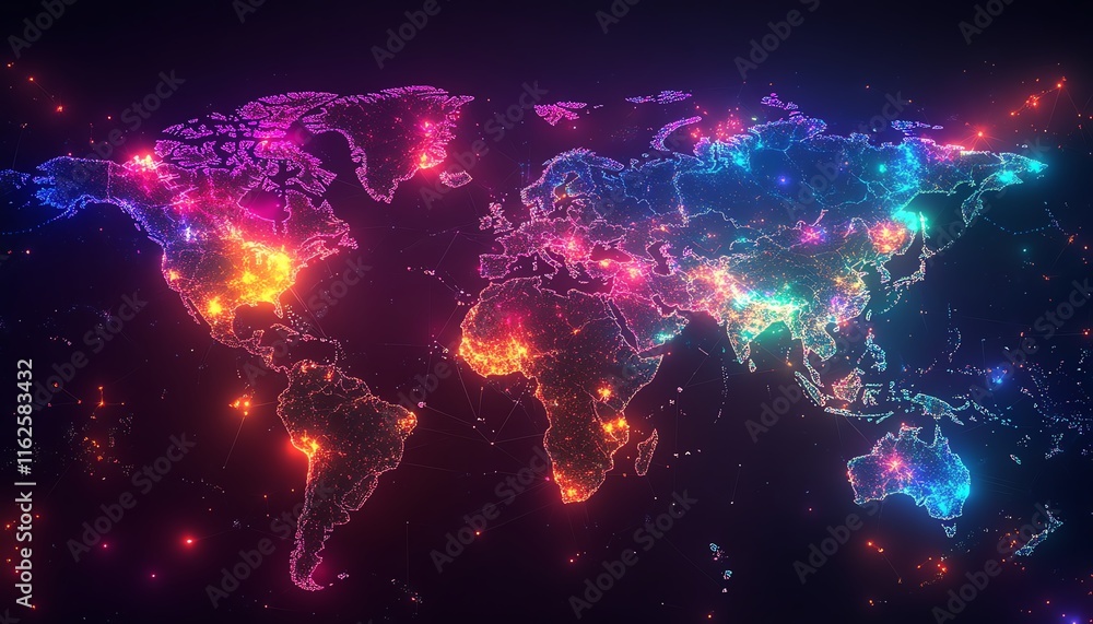 Poster a vibrant 3d rendering of a digital world map contour glowing in neon colors, illustrating the conce