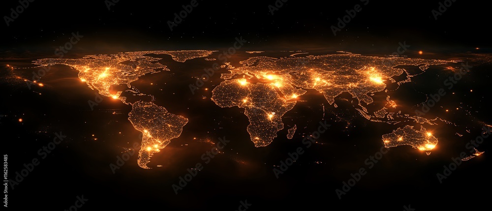 Poster a vibrant 3d rendering of a digital world map contour glowing in neon colors, illustrating the conce