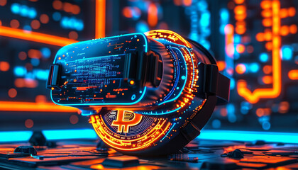 Digital Bitcoin, virtual reality-style, bitcoin vr, heads-up display (HUD), circular graphs, data points, futuristic interface in shades of neon blue and orange, metaverse, digital wealth, crypto