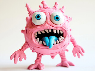 Fototapeta premium Pink monster with blue tongue made from Plasticine modeling clay isolated on white background