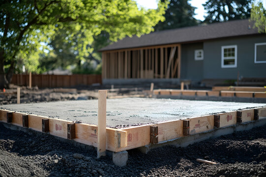 Newly poured concrete slab foundation for a house with wooden formwork in daylight