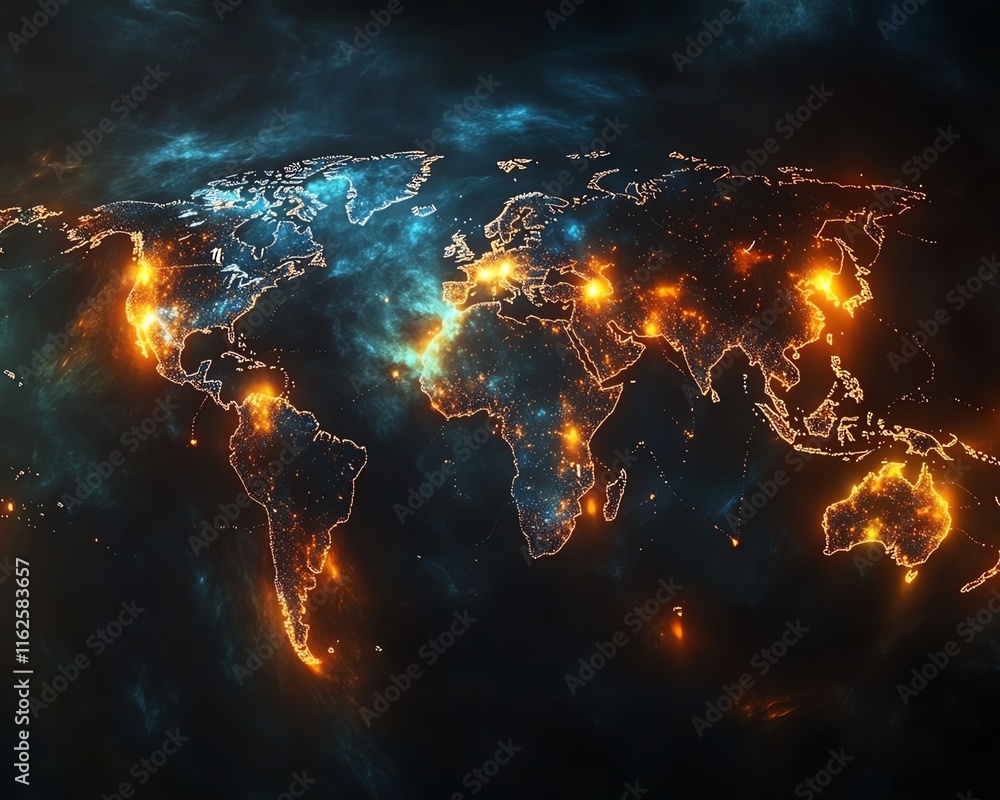 Poster a vibrant 3d rendering of a digital world map contour glowing in neon colors, illustrating the conce