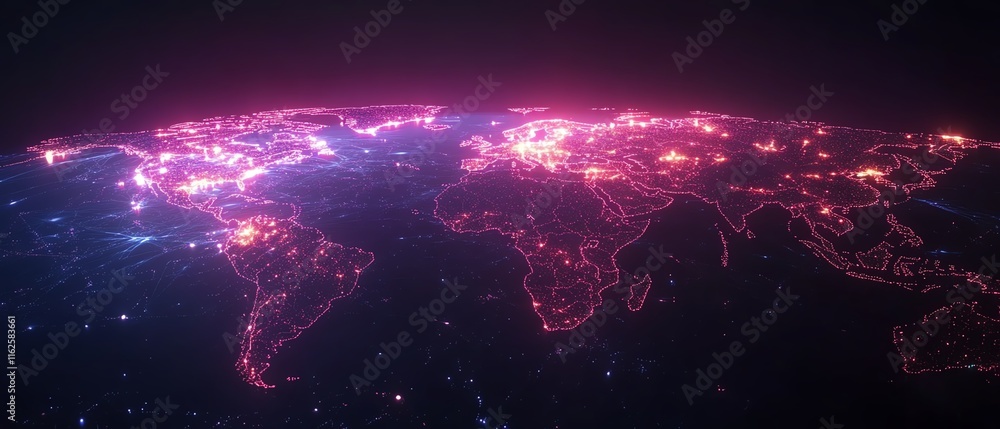 Poster a vibrant 3d rendering of a digital world map contour glowing in neon colors, illustrating the conce