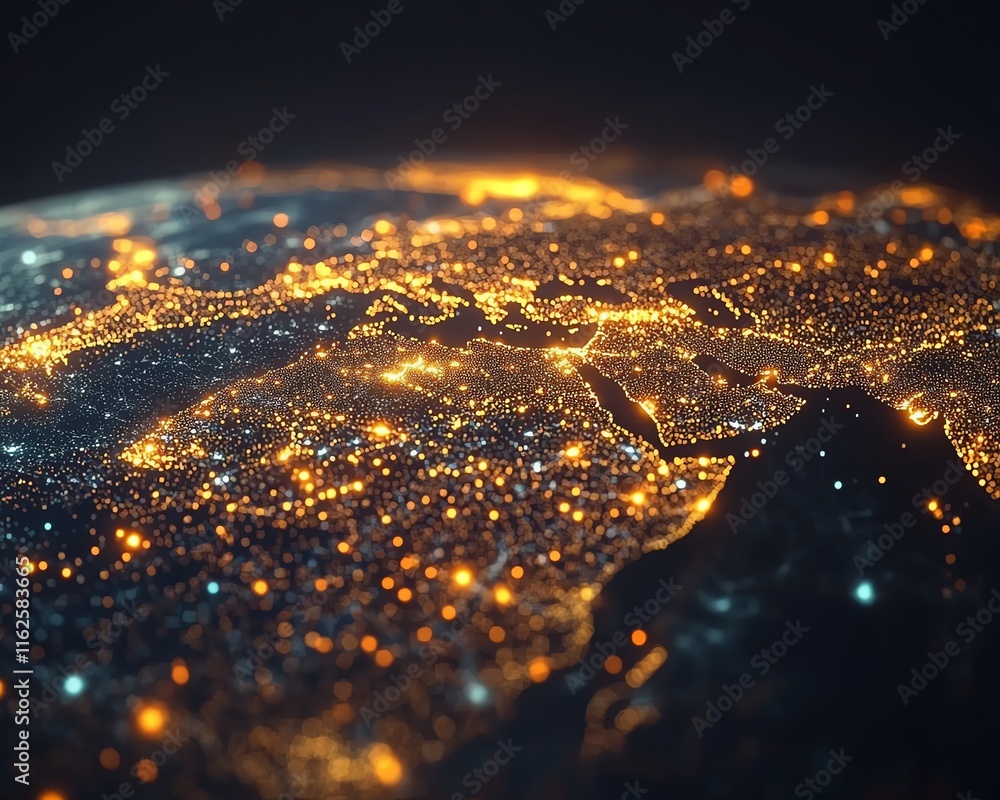 Aufkleber a vibrant 3d rendering of a digital world map contour glowing in neon colors, illustrating the conce