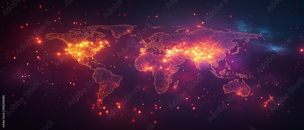 Poster a vibrant 3d rendering of a digital world map contour glowing in neon colors, illustrating the conce
