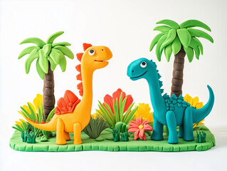 Dinosaurs made from Plasticine modeling clay isolated on white background