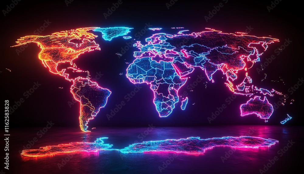 Poster a vibrant 3d rendering of a digital world map contour glowing in neon colors, illustrating the conce