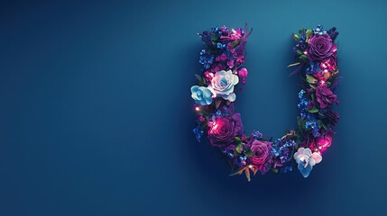 Letter U made of flowers and lights on blue background.