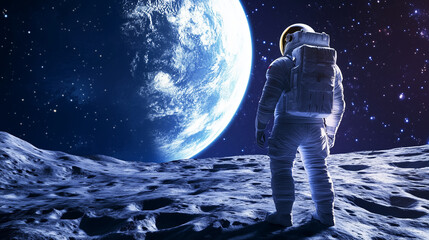 Obraz premium A solitary explorer on a barren alien world, using advanced tools to assess its suitability for human colonization, representing the human spirit of discovery and survival astronau